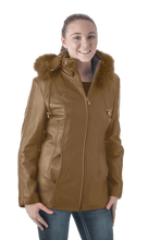 Load image into Gallery viewer, Women's brown leather jacket with fox trimmed hood, braided leather trim, worn by model; fashionable winter outerwear.