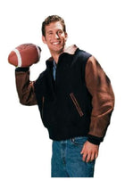 Load image into Gallery viewer, Smiling young man in a varsity jacket holding a football, ready for a game.