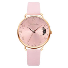 Cargar imagen en el visor de la galería, Elegant pink moon watch with celestial dial and gold accents from the Moon Bracelet & Watch Set