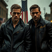 Load image into Gallery viewer, Two men in dark leather jackets standing in front of an American flag.