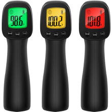 Load image into Gallery viewer, Heavy Duty Non Contact Forehead Thermometer showing temperature readings with colored backlit displays.