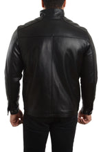 Load image into Gallery viewer, Back view of REED Men's Lambskin Leather Jacket with Stand-Up Collar, showcasing soft black leather and premium craftsmanship.