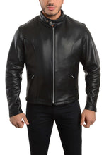 Load image into Gallery viewer, REED Men's Premium Leather Motorcycle Jacket, Black, made in USA, featuring naked cow leather and adjustable side buckle for bikers.