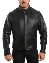 Load image into Gallery viewer, REED Men's Premium Leather Motorcycle Jacket, Black, made in USA, featuring naked cow leather and adjustable side buckle for bikers.
