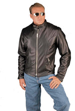 Load image into Gallery viewer, Man wearing REED Classic Motorcycle Leather Jacket in black, made from soft, durable naked cow leather, styled casually.