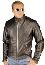 Load image into Gallery viewer, Men's premium black leather motorcycle jacket by REED, USA-made with naked cow leather, zippered cuffs and adjustable side buckle.