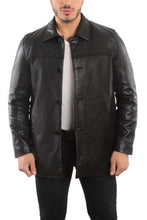Load image into Gallery viewer, REED EST. 1950 men's black lambskin leather four button car coat, classic winter jacket with soft feel and insulated design.