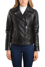 Load image into Gallery viewer, REED Women's Black Lambskin Leather Biker Jacket, imported, classic motorcycle style, premium quality, 100% genuine leather.