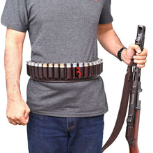 Load image into Gallery viewer, Cowhide Leather Shotshell Bandolier Belt Shotgun Shell Belt Ammunition Carrier shown on a person holding a shotgun.