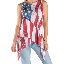 Load image into Gallery viewer, Women's American flag sharkbite tank tunic, sleeveless and made in USA, worn with jeans. Perfect for summer and patriotic events.
