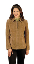 Load image into Gallery viewer, Women's suede leather jacket with collar, zip front, and satin lining. Model wearing brown genuine suede fashion jacket by REED.