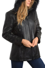 Load image into Gallery viewer, Women's 28-inch black leather jacket with detachable fox trimmed hood and braided leather trim, perfect for luxury winter style.