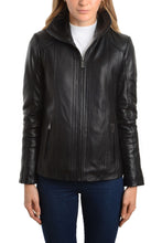 Load image into Gallery viewer, REED Women's black genuine lambskin leather jacket with stand up collar, sleek design, high-quality finish, and front zip-up closure.