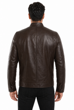 Load image into Gallery viewer, A man viewed from the back wearing a dark brown leather jacket and black pants against a plain white background.