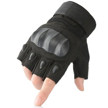 Load image into Gallery viewer, Black touchscreen leather motorcycle glove with knuckle protection, designed for comfort and control while riding.