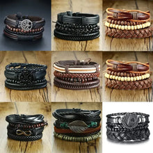 Cargar imagen en el visor de la galería, Vnox 4Pcs Set Vegan Leather Wrap Bracelets for Men with Ethnic Design and Zinc Alloy Accents