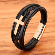 Load image into Gallery viewer, Stylish cross vegan leather bracelet with gold clasp, perfect gift for loved ones, reflecting elegance and sentiment.