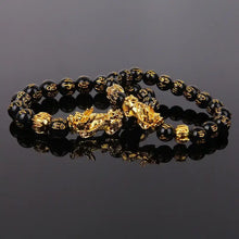 Load image into Gallery viewer, Feng Shui black beads bracelet with gold Pixiu charm for wealth and prosperity
