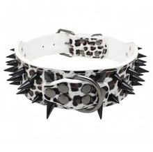 Load image into Gallery viewer, Leopard print spiked studded leather collar with black spikes for pets, offering an edgy and stylish look.
