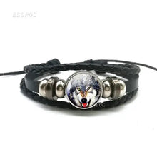 Load image into Gallery viewer, Handmade leather bracelet with wolf and full moon design, featuring quality craftsmanship and stylish premium materials.