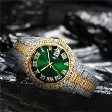 Cargar imagen en el visor de la galería, Luxurious diamond-encrusted Roman wrist watch with gold stainless steel case and green face, exuding timeless elegance and style.