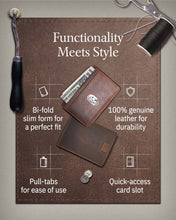 Cargar imagen en el visor de la galería, Genuine Leather Slim Bifold Wallet – Pull-Strap Card Access, RFID Blocking