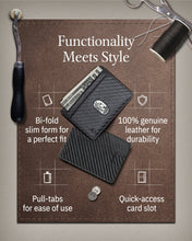 Cargar imagen en el visor de la galería, Genuine Leather Slim Bifold Wallet – Pull-Strap Card Access, RFID Blocking
