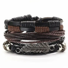 Load image into Gallery viewer, Men's leather bracelets with rugged design featuring brown and black bands and a silver feather detail, perfect for casual or formal wear.