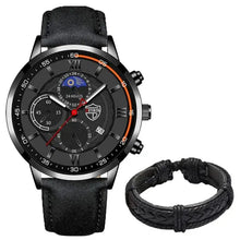 Load image into Gallery viewer, Men's casual leather watch with black dial and band, accompanied by stylish black bracelet. Elegant, durable, timeless design.
