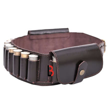 Cargar imagen en el visor de la galería, Cowhide Leather Shotshell Bandolier Belt Shotgun Shell Belt Ammunition Carrier shown in dark brown leather.