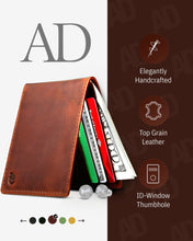 Cargar imagen en el visor de la galería, Genuine Leather Slim Bifold Wallet – ID Window, RFID Blocking