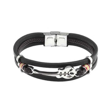 Cargar imagen en el visor de la galería, Classic Hand Woven Multi-Layered Vegan Leather Bracelet with Guitar Charm, Black, Men's Elegant Accessory, High-Quality Imported.