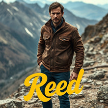 Load image into Gallery viewer, Man in a brown jacket standing on a mountain with 'Reed' text overlay