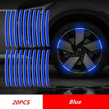 Load image into Gallery viewer, Blue reflective car wheel hub stripes for enhanced road safety, with 20 pieces shown for night visibility enhancement.
