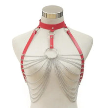 Cargar imagen en el visor de la galería, Goth leather body harness with red straps and silver chain bra, perfect for adding an edgy touch to gothic fashion styles.