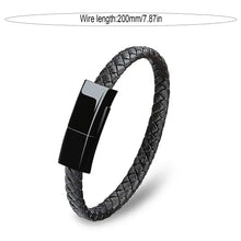 Cargar imagen en el visor de la galería, USB leather braided charging bracelet in black, featuring sleek design and 7.87-inch wire, combines style with functionality.