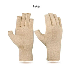 Load image into Gallery viewer, Beige compression arthritis gloves for hand pain relief and joint support, made with soft cotton for comfort and mobility.