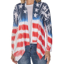 Load image into Gallery viewer, Women's USA Stars and Stripes Cardigan, patriotic tie-dye design, lightweight jacket for holidays like Memorial Day, unique print.