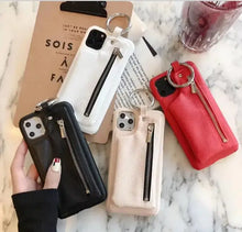 Load image into Gallery viewer, Luxury Zipper PU Leather Wallet Cases for iPhone in black, white, beige, and red with card holder and zipper design on marble surface