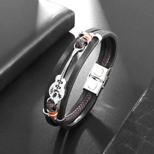 Cargar imagen en el visor de la galería, Men's classic multi-layered hand woven leather bracelet in black vegan leather, with metallic clasp and colorful accents.