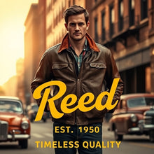 Load image into Gallery viewer, Man wearing a brown leather jacket on a city street with 'Reed' branding.