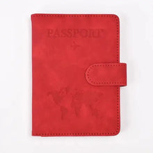 Load image into Gallery viewer, Red PU leather passport holder with map design, vegan and imported, ideal for stylish travel organization.