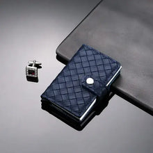 Load image into Gallery viewer, Elegant leather RFID cardholder in navy with woven design, offering stylish card protection and compact convenience.
