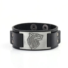 Load image into Gallery viewer, Vintage wide leather woven wolf head bracelet with intricate metal centerpiece, symbolizing strength and independence in a stylish design.
