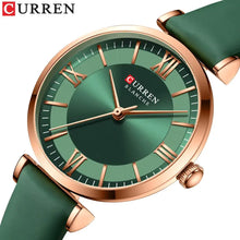 Load image into Gallery viewer, Curren green leather wristwatch with rose gold accents and classic clockface design, featuring roman numerals and quartz movement.