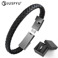 Cargar imagen en el visor de la galería, Leather Mini Micro USB Bracelet Charger with gift box, stylish wearable accessory for modern device charging on the go.