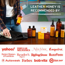 Load image into Gallery viewer, Leather Honey products on a table with recommendation logos from publications like Yahoo!, Esquire, and Forbes.