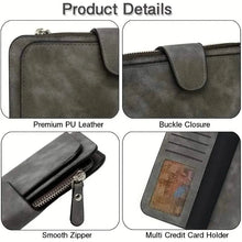Cargar imagen en el visor de la galería, Vintage Faux Leather Long Wallet – Trifold Credit Card Holder with Snap & Zipper