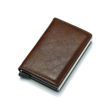 Load image into Gallery viewer, Brown vegan leather credit card holder for men, sleek design, RFID-blocking, imported, perfect for carrying bank cards.
