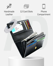 Cargar imagen en el visor de la galería, Genuine Leather Accordion Clutch Wallet – Zip Coin Pocket, RFID Blocking